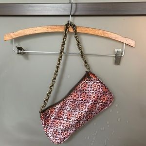 J Crew clutch purse, printed silk, chain handle.
